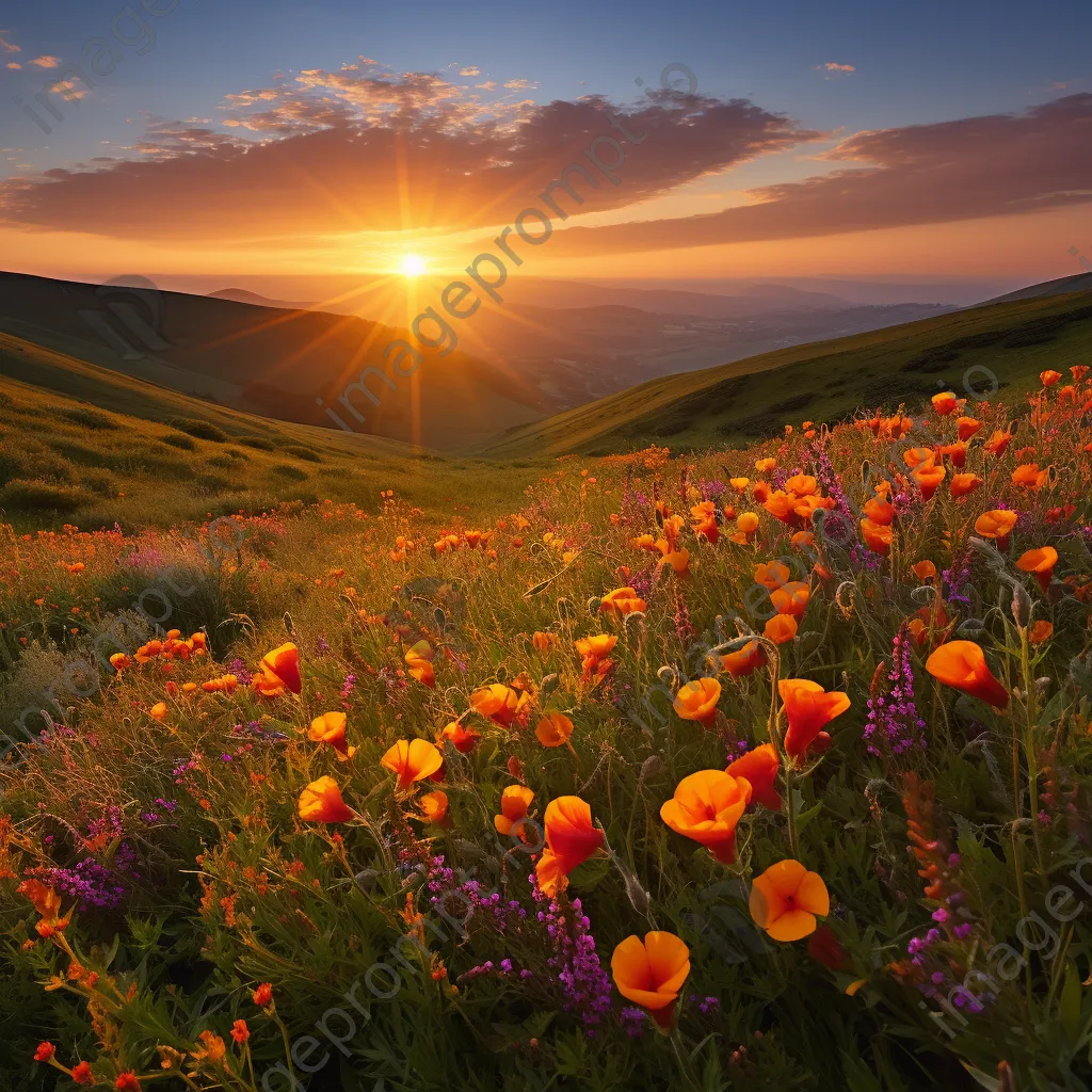 Wildflowers covering rolling hills at sunset. - Image 4