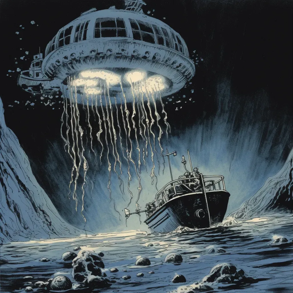 Illustration of a deep-sea exploration vehicle discovering an unknown species of glowing jellyfish in the ocean