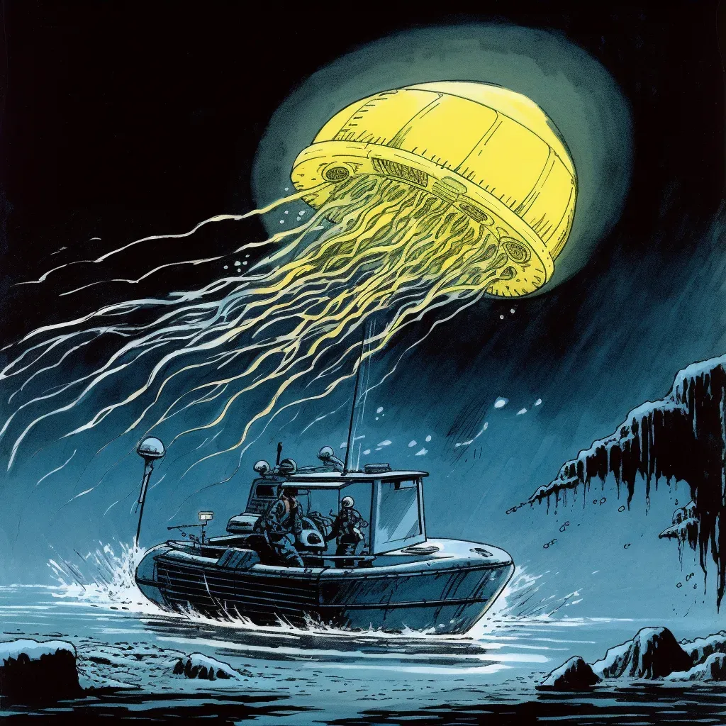 Illustration of a deep-sea exploration vehicle discovering an unknown species of glowing jellyfish in the ocean