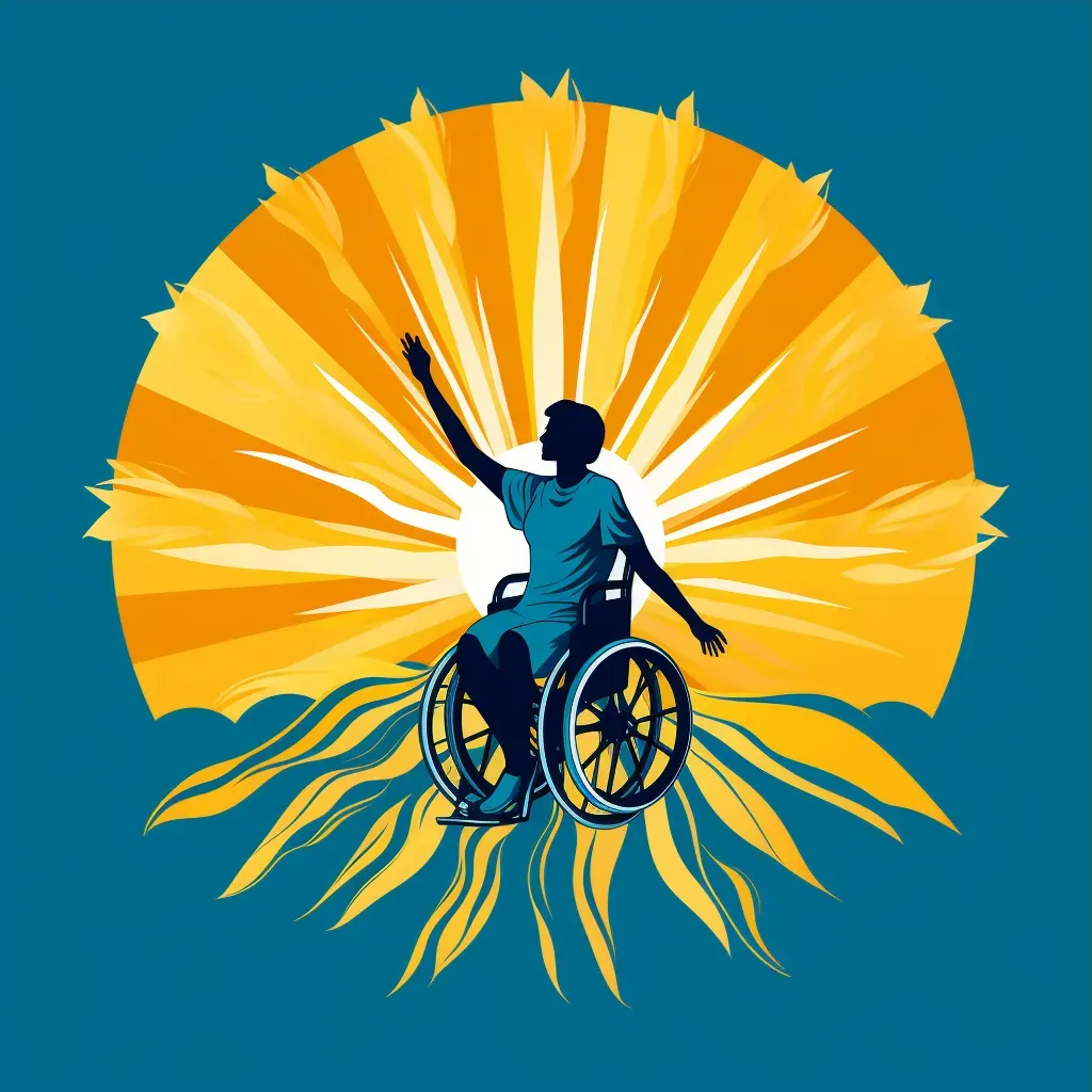 Logo with a person in a wheelchair, encircled by a bold sunburst, in yellow and blue. - Image 3