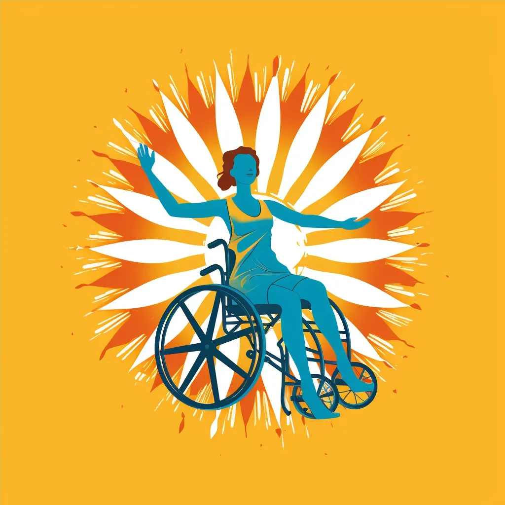 Logo with a person in a wheelchair, encircled by a bold sunburst, in yellow and blue. - Image 4