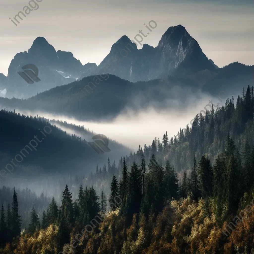 Towering mountain range with mist-shrouded peaks and alpine forests - Image 1