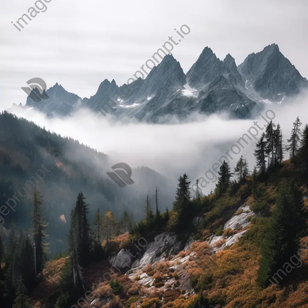 Towering mountain range with mist-shrouded peaks and alpine forests - Image 2