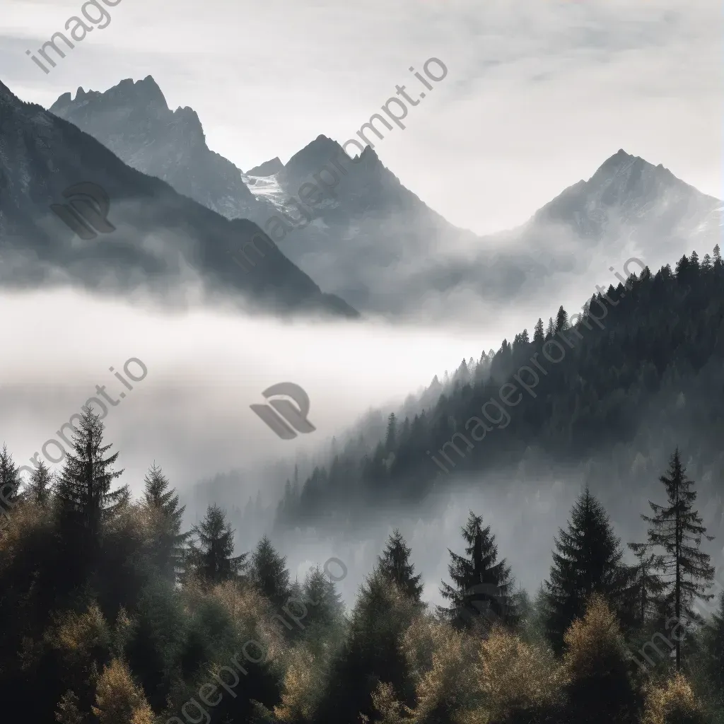 Towering mountain range with mist-shrouded peaks and alpine forests - Image 3