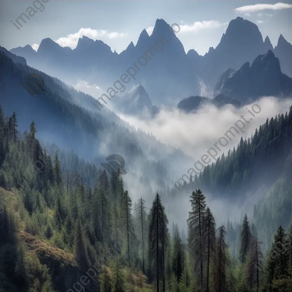 Towering mountain range with mist-shrouded peaks and alpine forests - Image 4