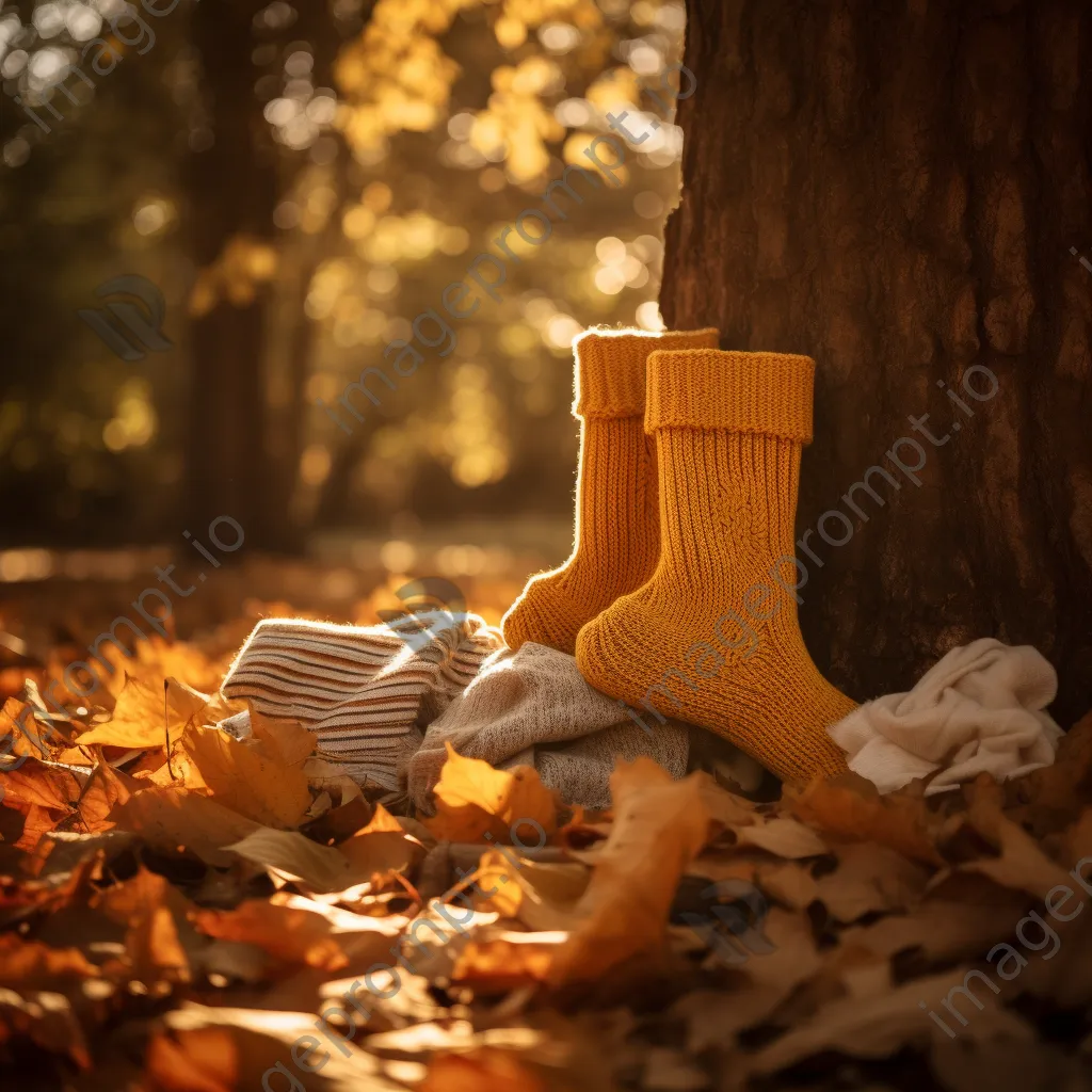 Knitted socks next to a vibrant pile of autumn leaves with sunlight filtering - Image 1