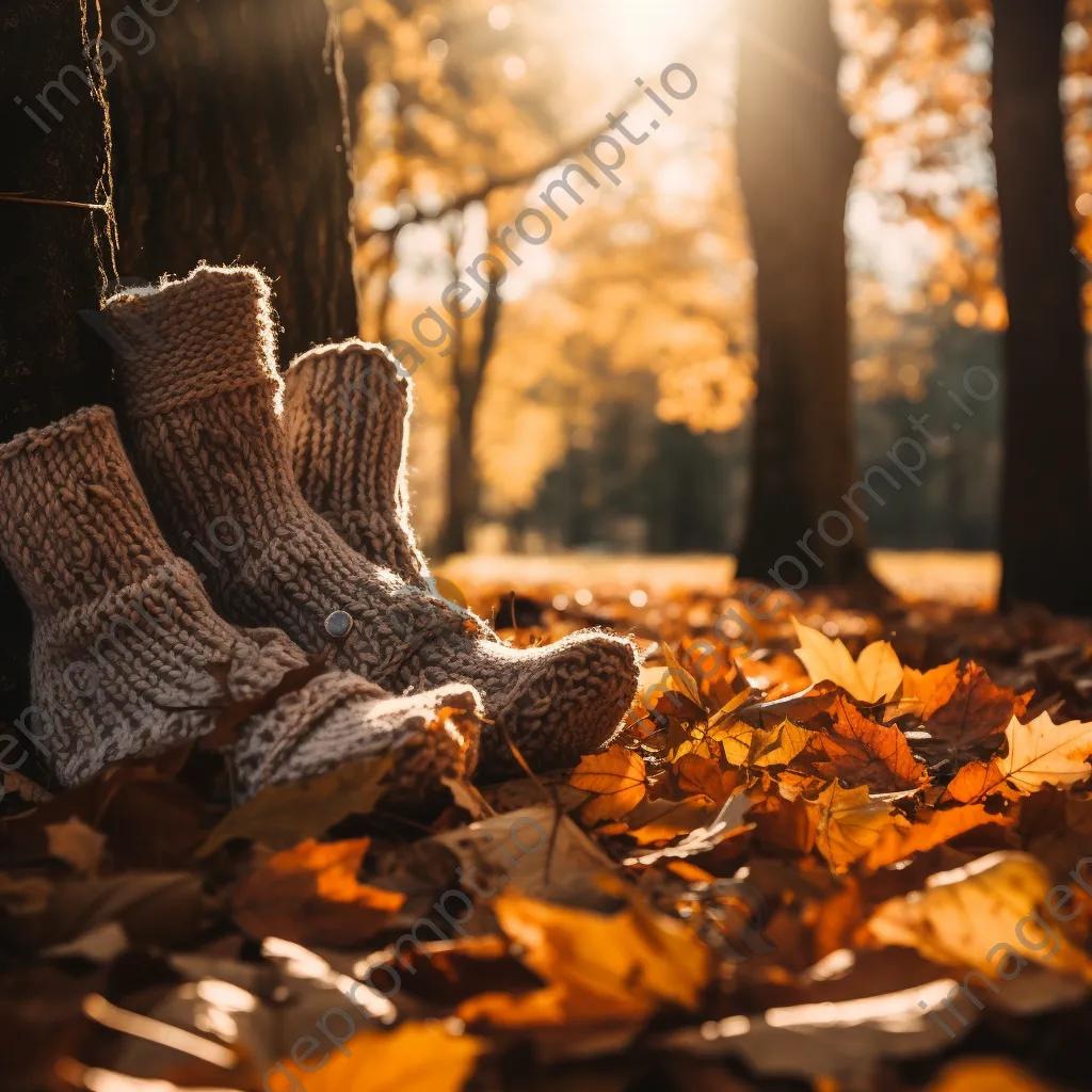 Knitted socks next to a vibrant pile of autumn leaves with sunlight filtering - Image 2