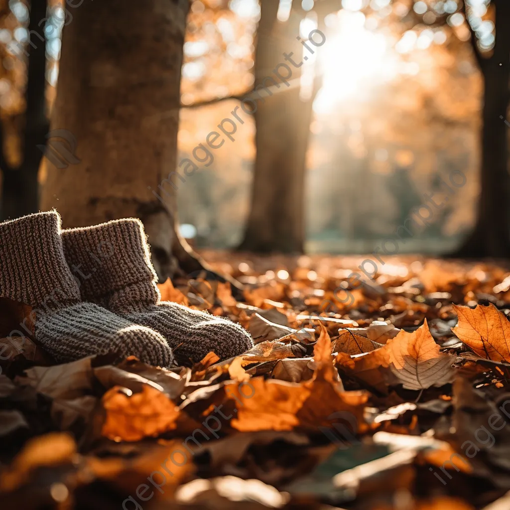 Knitted socks next to a vibrant pile of autumn leaves with sunlight filtering - Image 3