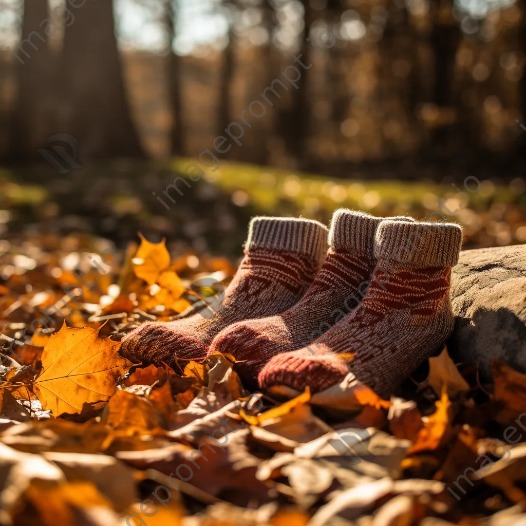 Knitted socks next to a vibrant pile of autumn leaves with sunlight filtering - Image 4