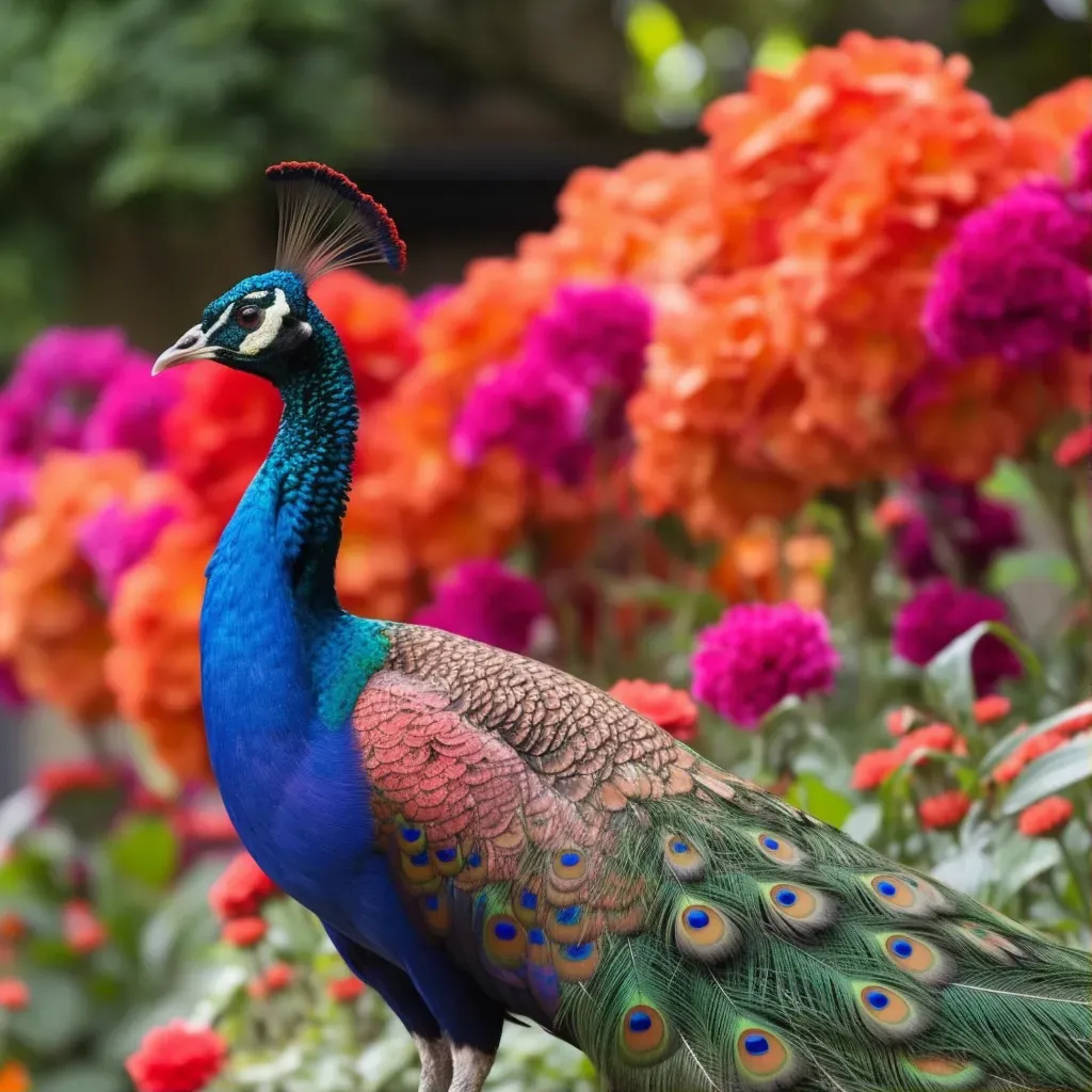 Flamboyant peacock displaying its colorful feathers in a blooming garden - Image 1