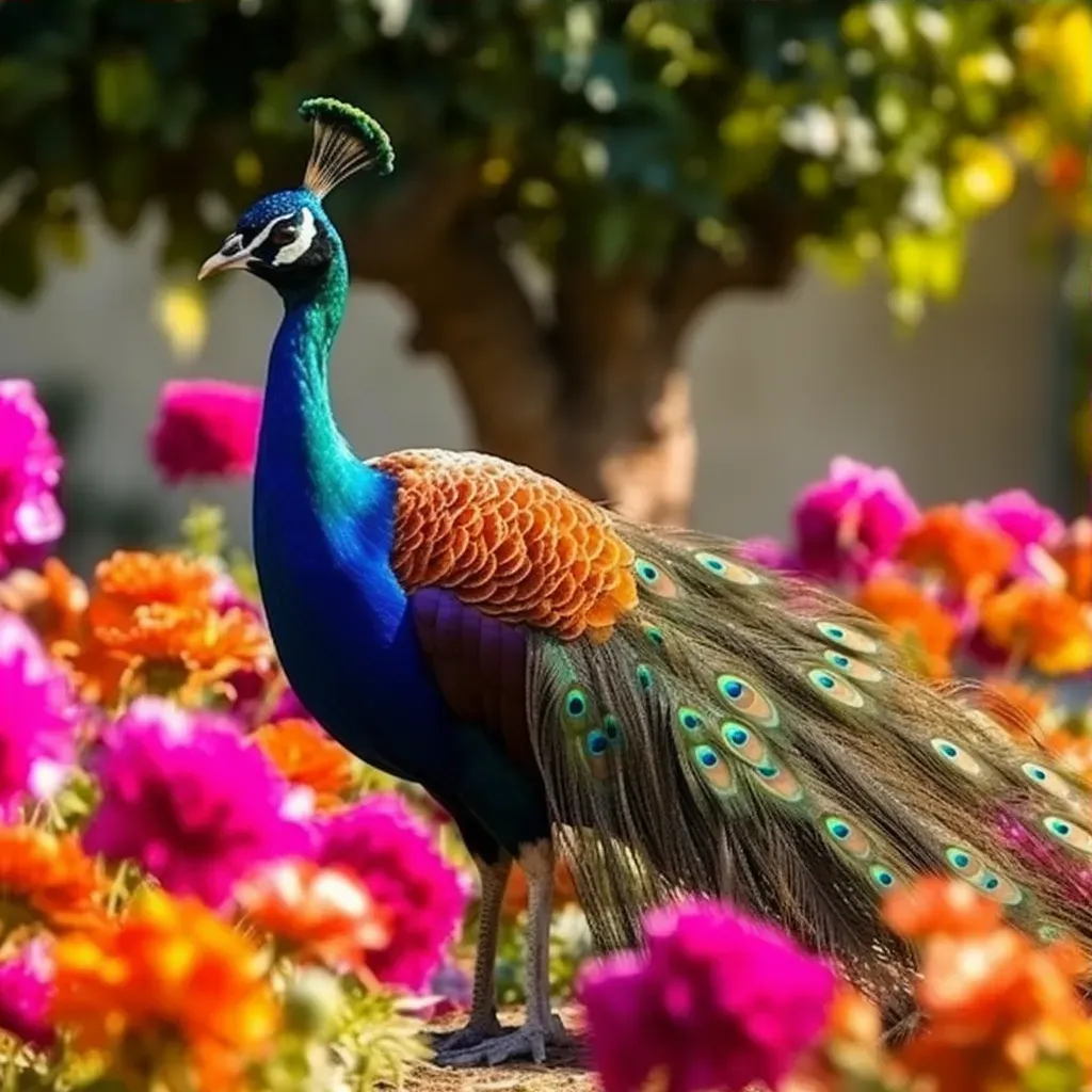 Flamboyant peacock displaying its colorful feathers in a blooming garden - Image 3