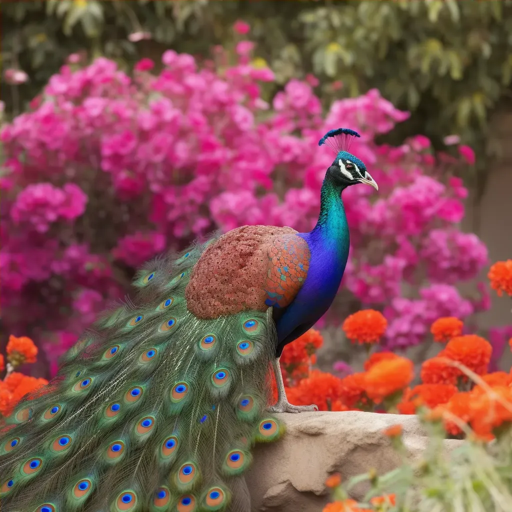 Flamboyant peacock displaying its colorful feathers in a blooming garden - Image 4