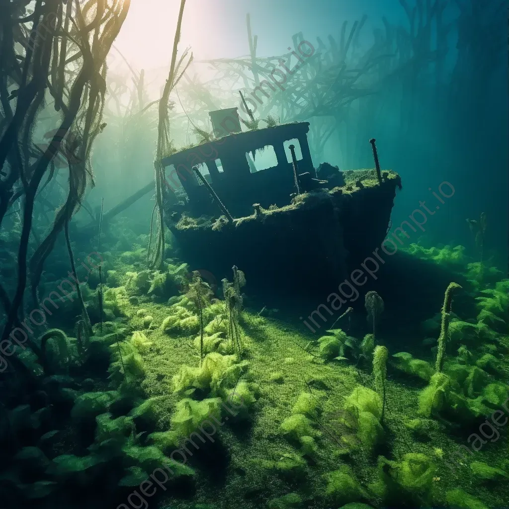 Skeleton of sunken ship with deep sea vegetation underwater - Image 1