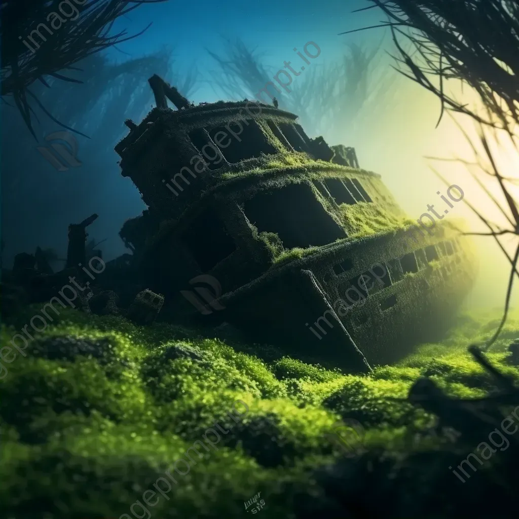 Skeleton of sunken ship with deep sea vegetation underwater - Image 2