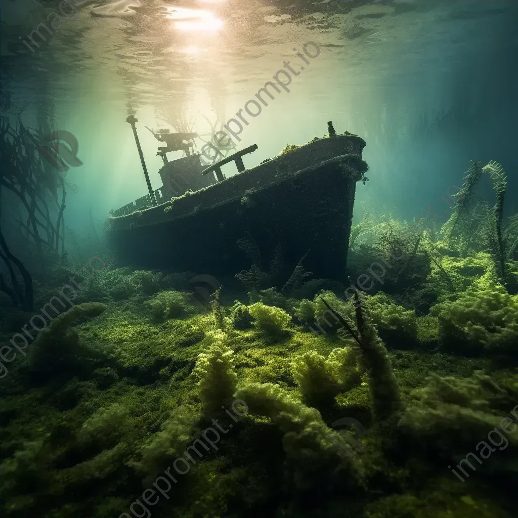 Skeleton of sunken ship with deep sea vegetation underwater - Image 4