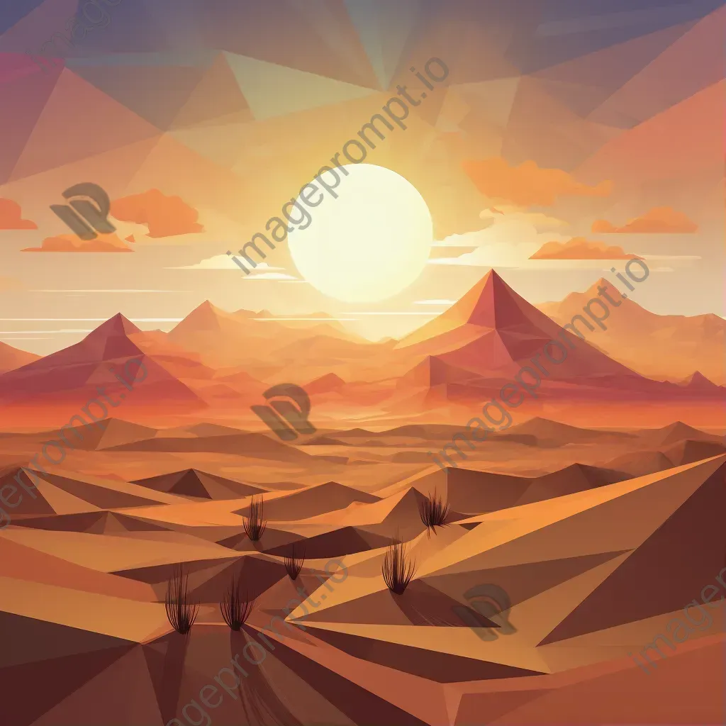 Low poly depiction of a blazing desert at sunset with towering sand dunes and a distant oasis - Image 1