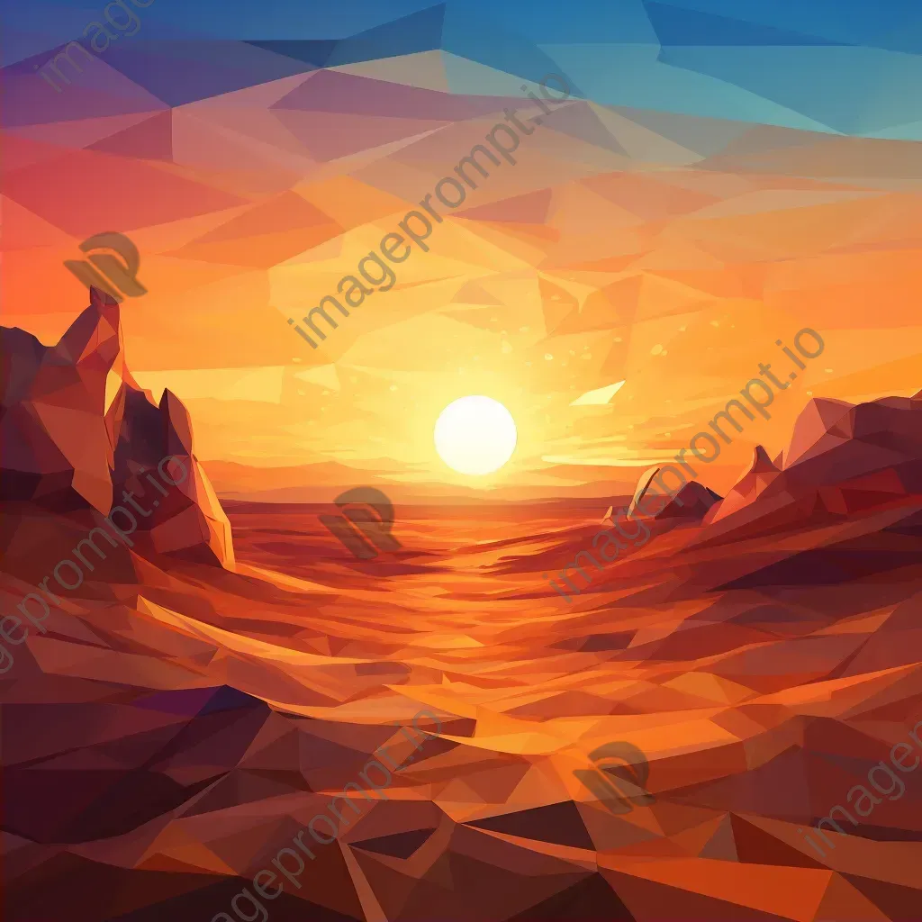 Low poly depiction of a blazing desert at sunset with towering sand dunes and a distant oasis - Image 2