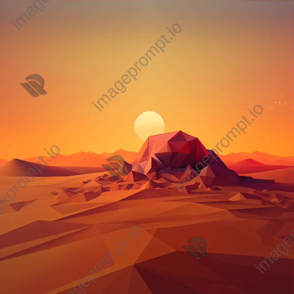 Low poly depiction of a blazing desert at sunset with towering sand dunes and a distant oasis - Image 3