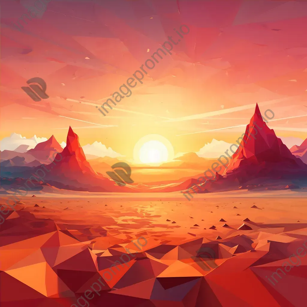 Low poly depiction of a blazing desert at sunset with towering sand dunes and a distant oasis - Image 4