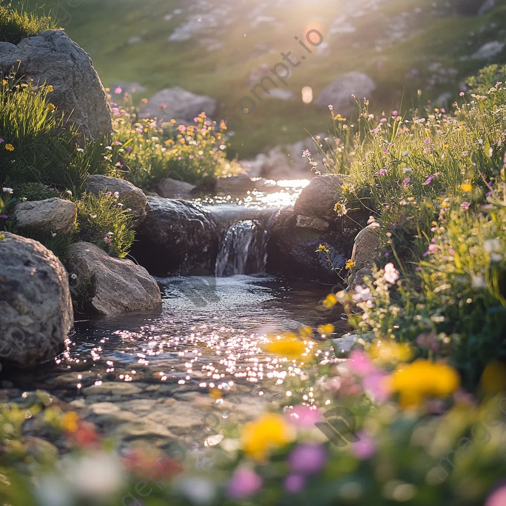 Gentle flowing water of a natural spring with wildflowers - Image 1