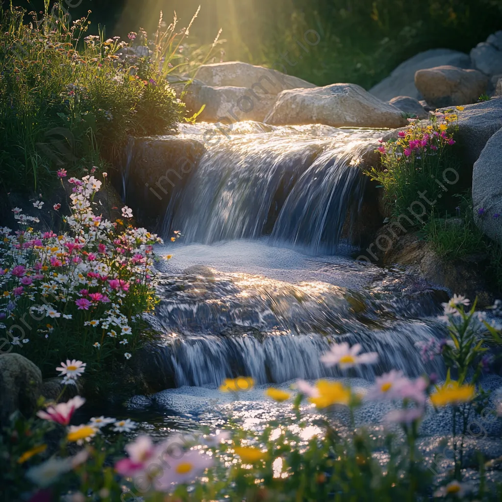 Gentle flowing water of a natural spring with wildflowers - Image 2