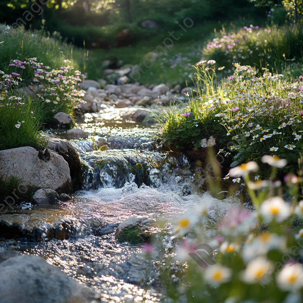 Gentle flowing water of a natural spring with wildflowers - Image 3