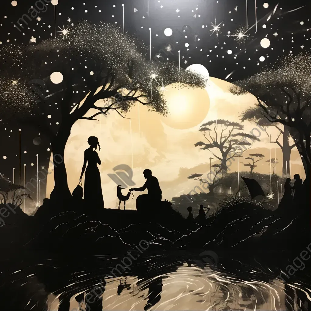 Stark silhouette style painting of Yoruba Orishas against a starry backdrop - Image 1