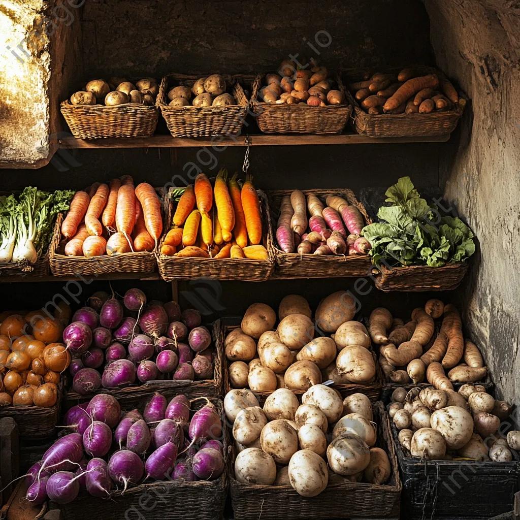 Colorful assortment of root vegetables in a cellar. - Image 1