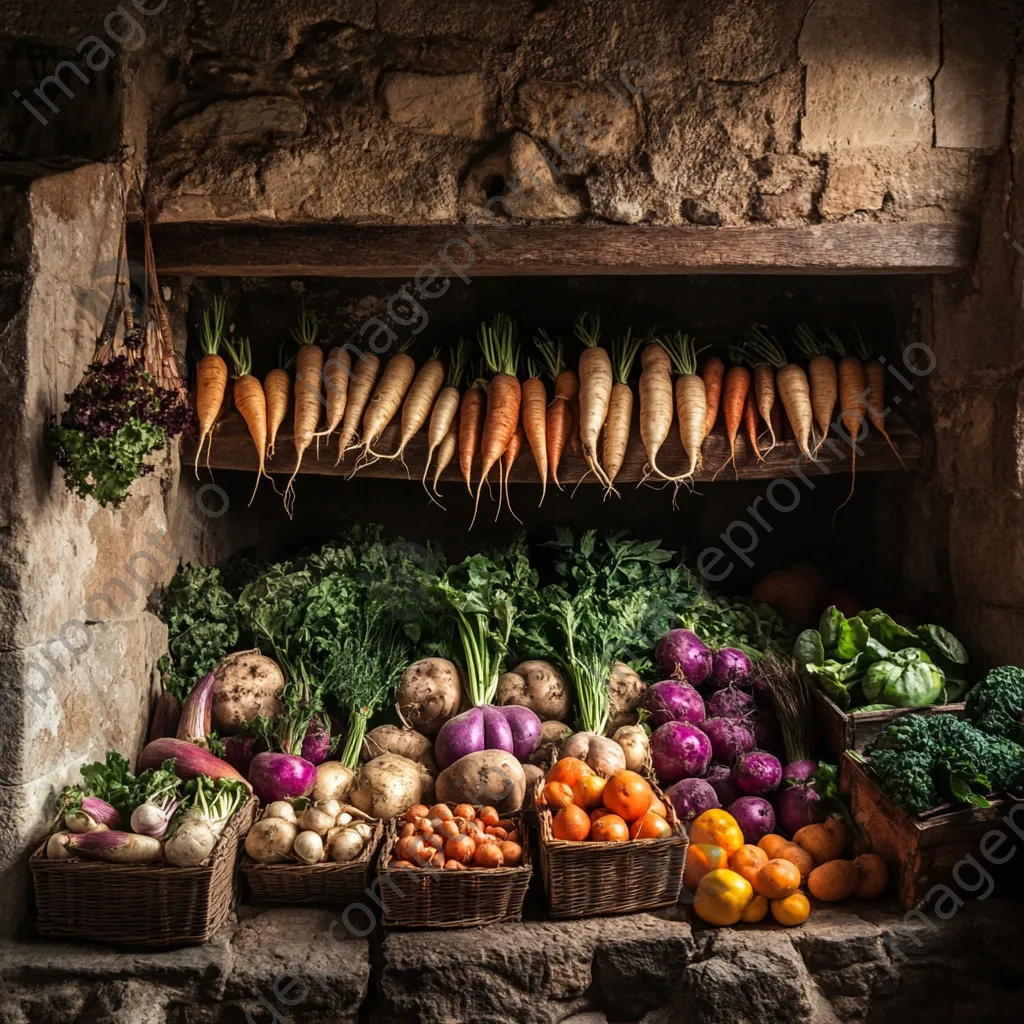 Colorful assortment of root vegetables in a cellar. - Image 3