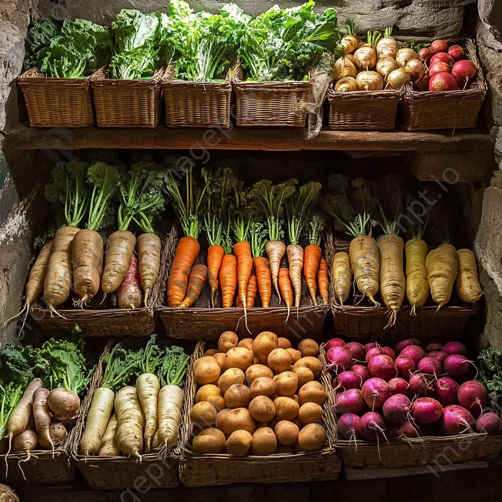 Colorful assortment of root vegetables in a cellar. - Image 4