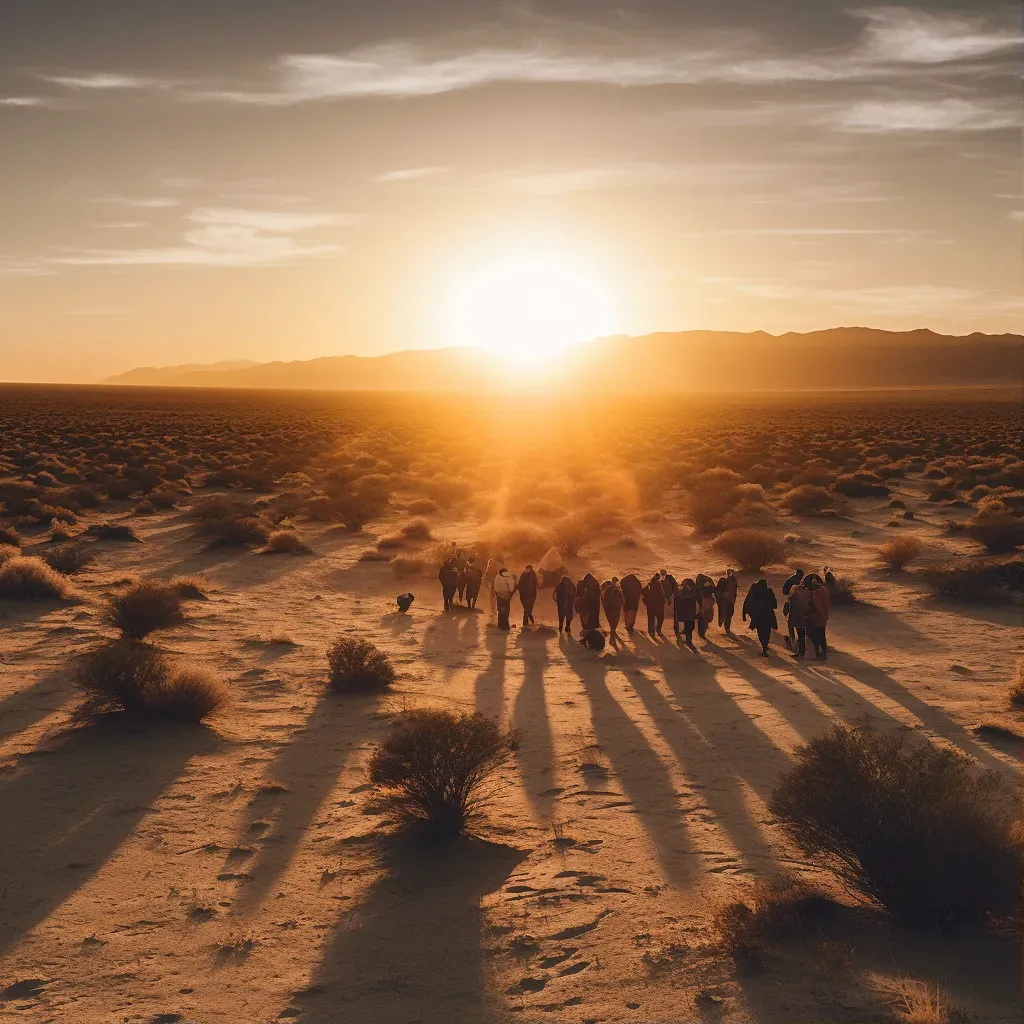 Group of pilgrims crossing a vast desert at sunset with long shadows - Image 1