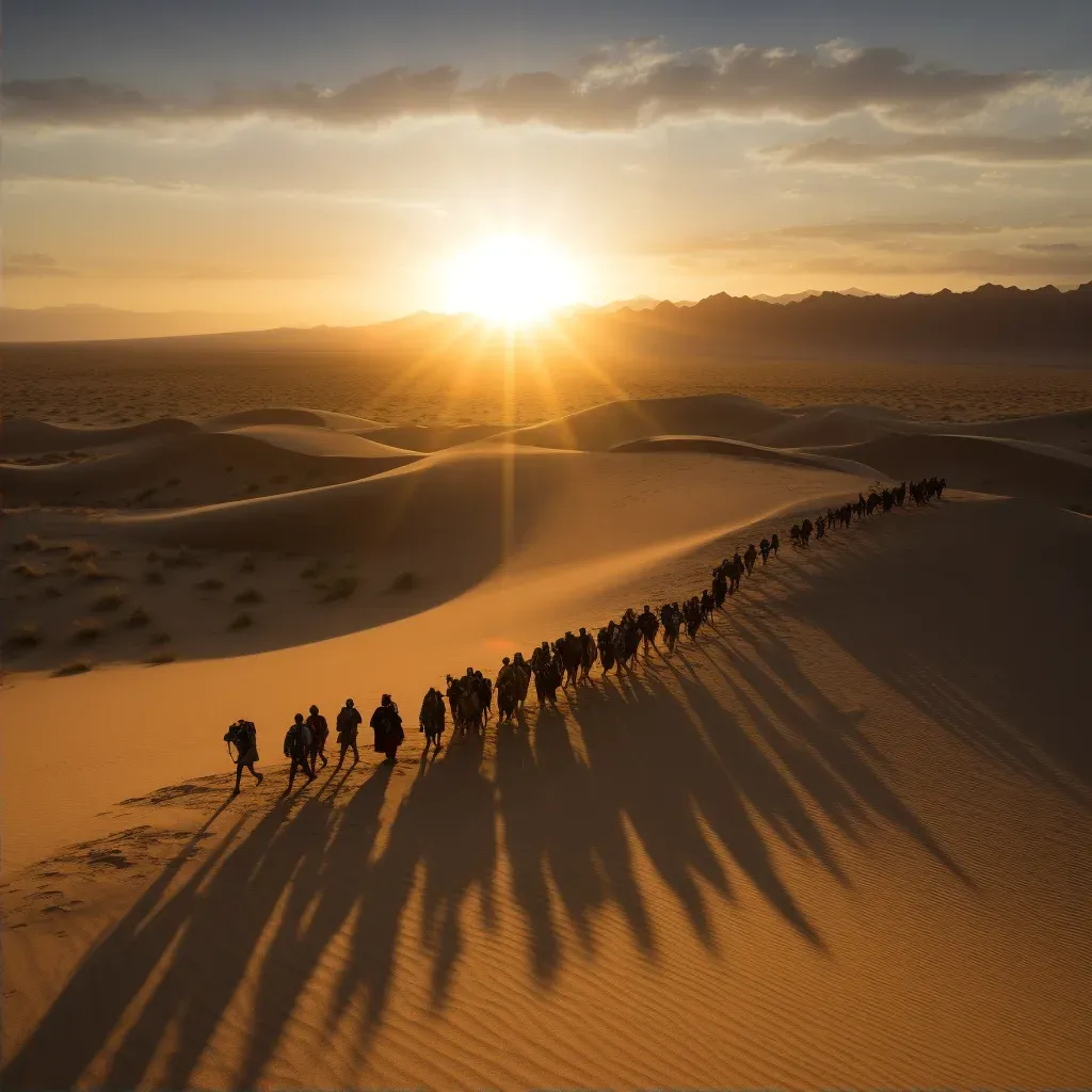 Group of pilgrims crossing a vast desert at sunset with long shadows - Image 2