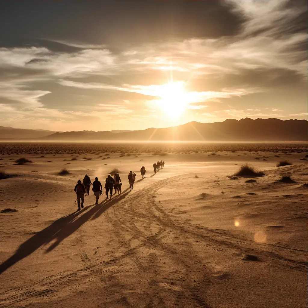 Group of pilgrims crossing a vast desert at sunset with long shadows - Image 3