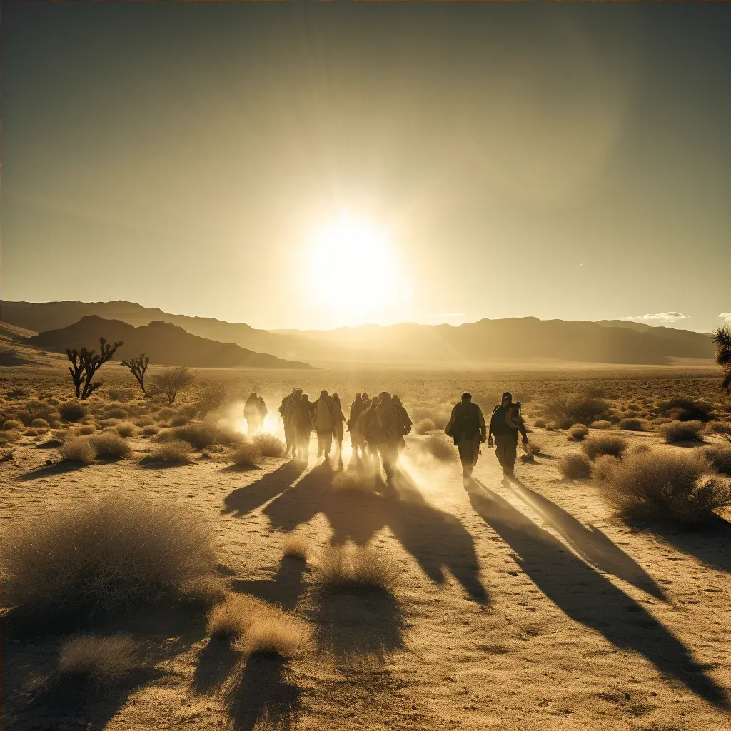 Group of pilgrims crossing a vast desert at sunset with long shadows - Image 4