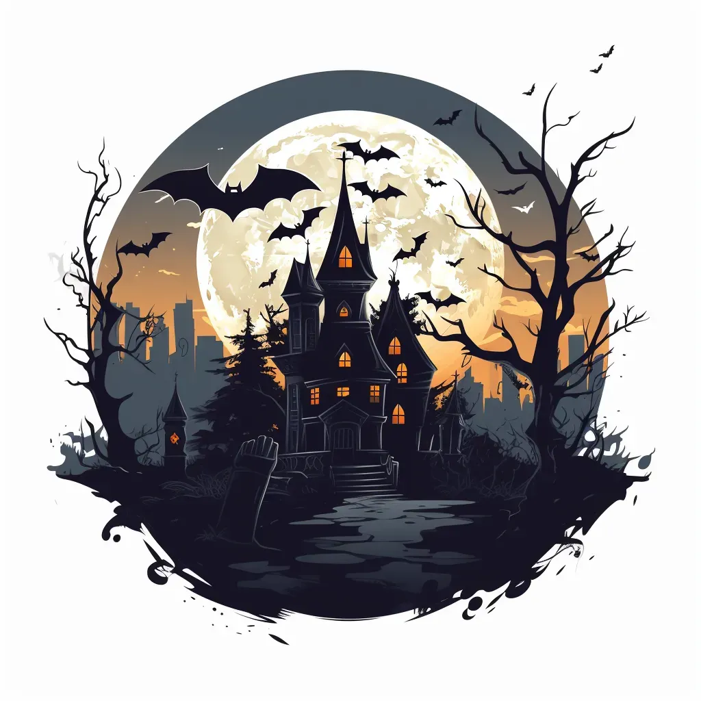 Haunted house, graveyard, bats, full moon Halloween logo - Image 1