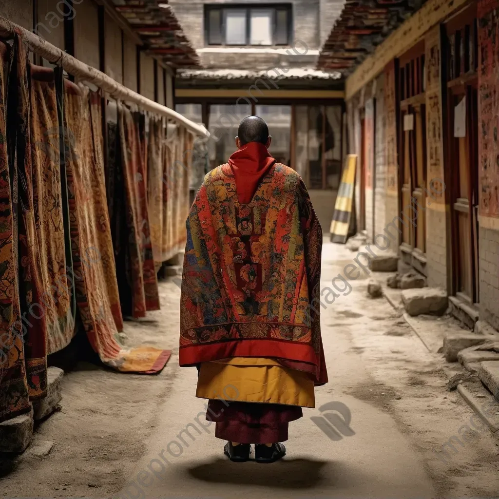 Monk in Tibetan traditional chuba robe with ornate patterns in a monastery courtyard with prayer flags. - Image 1