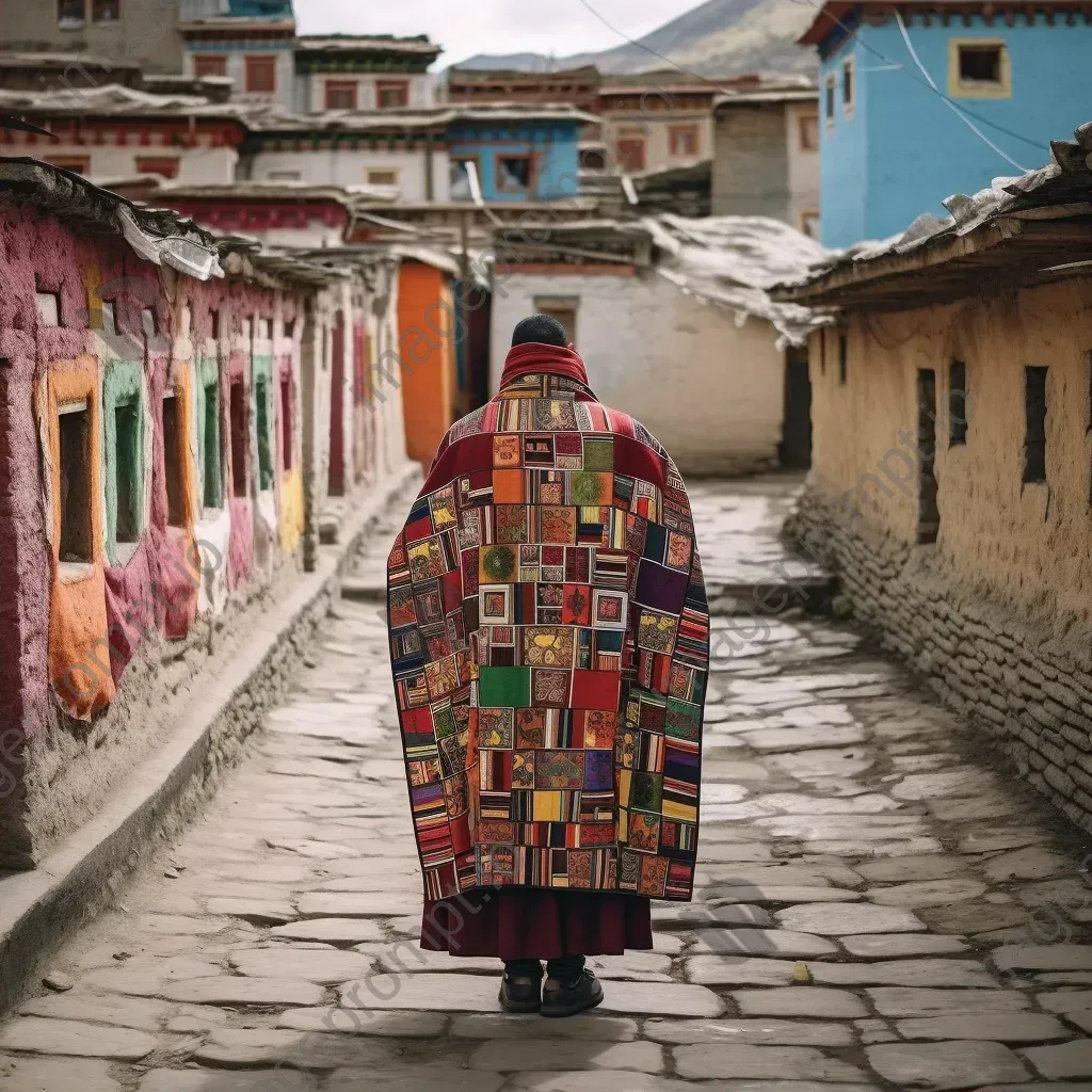 Monk in Tibetan traditional chuba robe with ornate patterns in a monastery courtyard with prayer flags. - Image 2