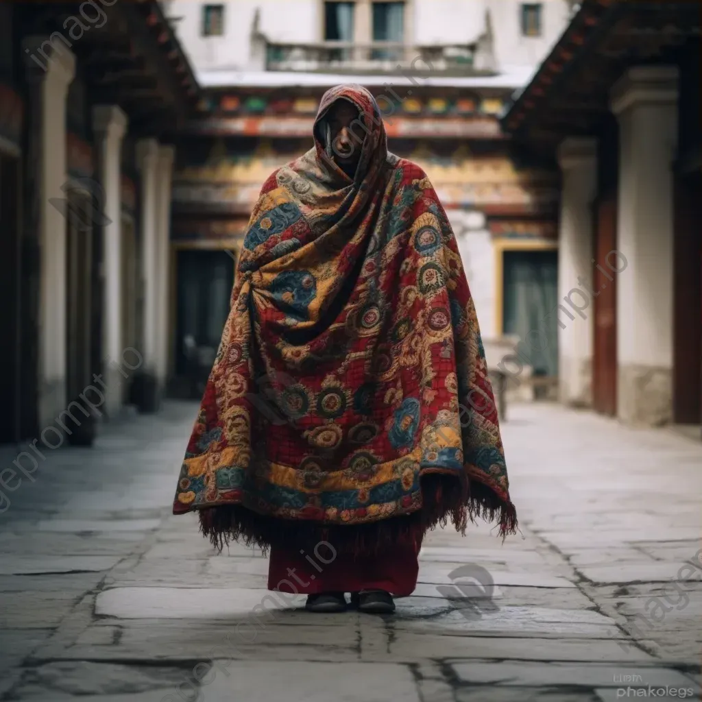 Monk in Tibetan traditional chuba robe with ornate patterns in a monastery courtyard with prayer flags. - Image 3