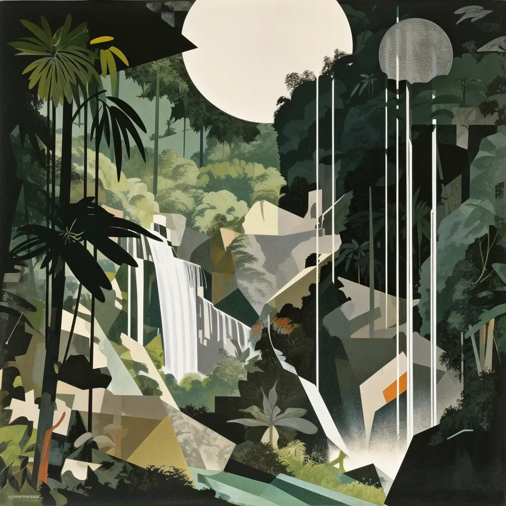 Image of a verdant rainforest with a sparkling waterfall cascading down a rocky cliff - Image 1