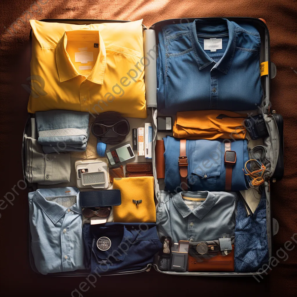 Aerial shot of a suitcase packed with clothes and a passport. - Image 1