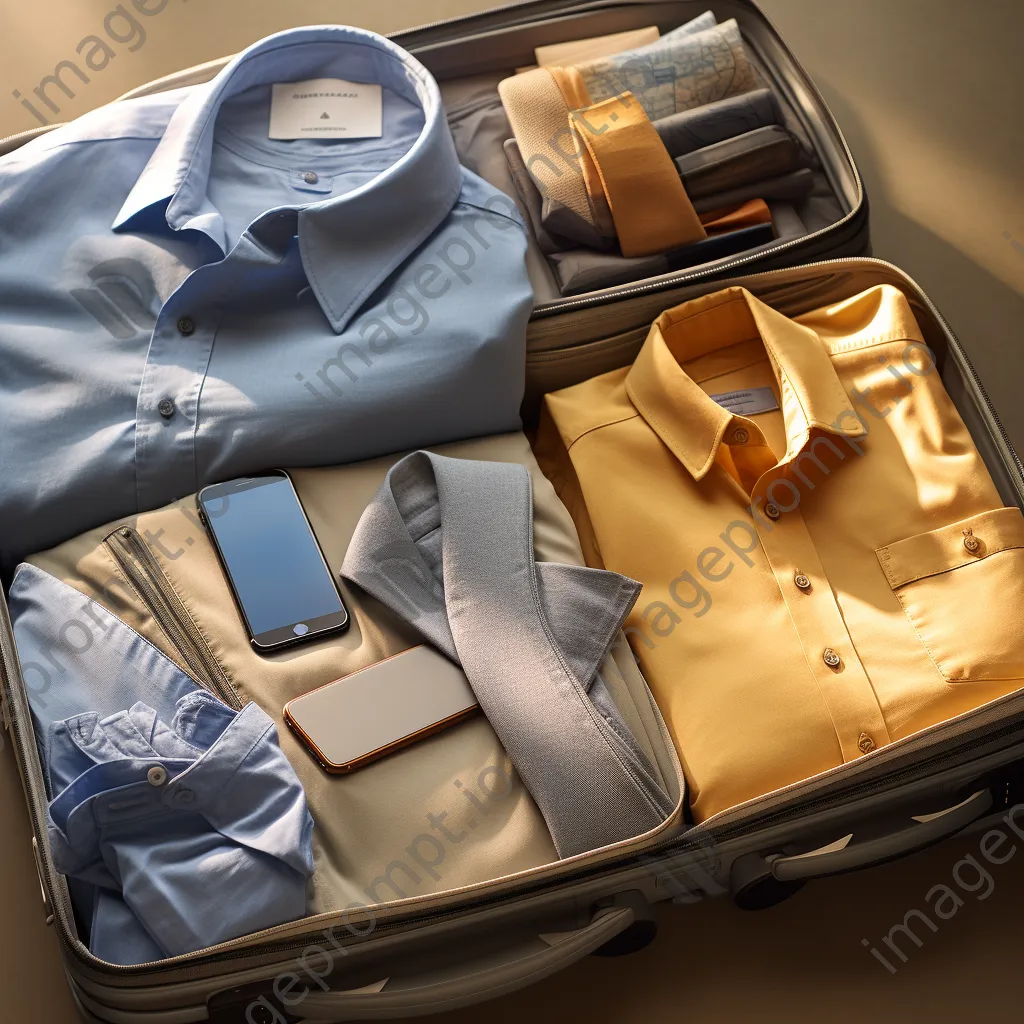 Aerial shot of a suitcase packed with clothes and a passport. - Image 2