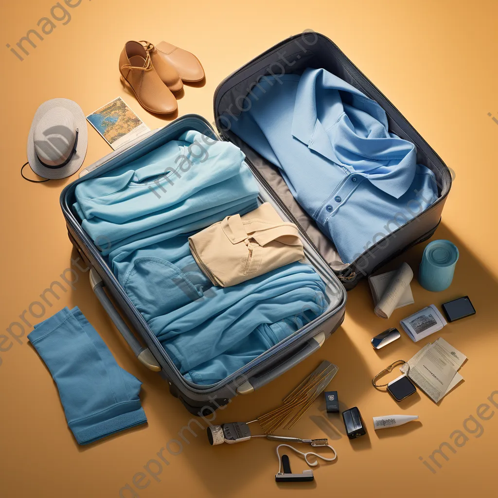 Aerial shot of a suitcase packed with clothes and a passport. - Image 3