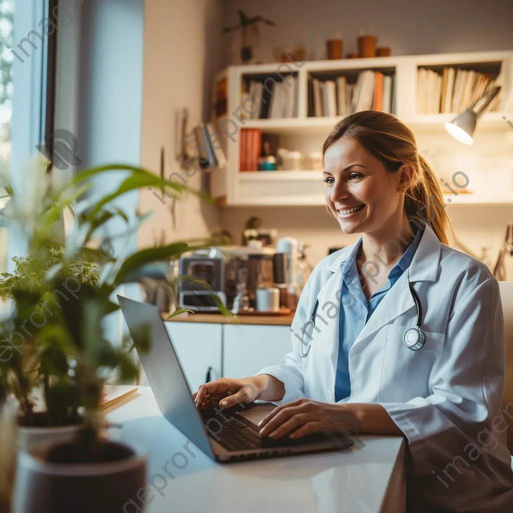 Nurse on a video call with a patient using a laptop in a bright home office. - Image 1