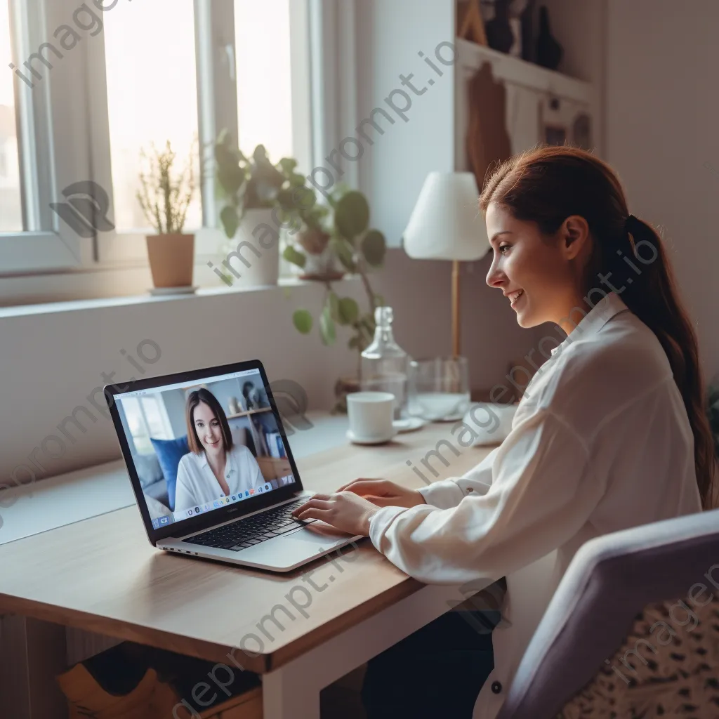 Nurse on a video call with a patient using a laptop in a bright home office. - Image 3