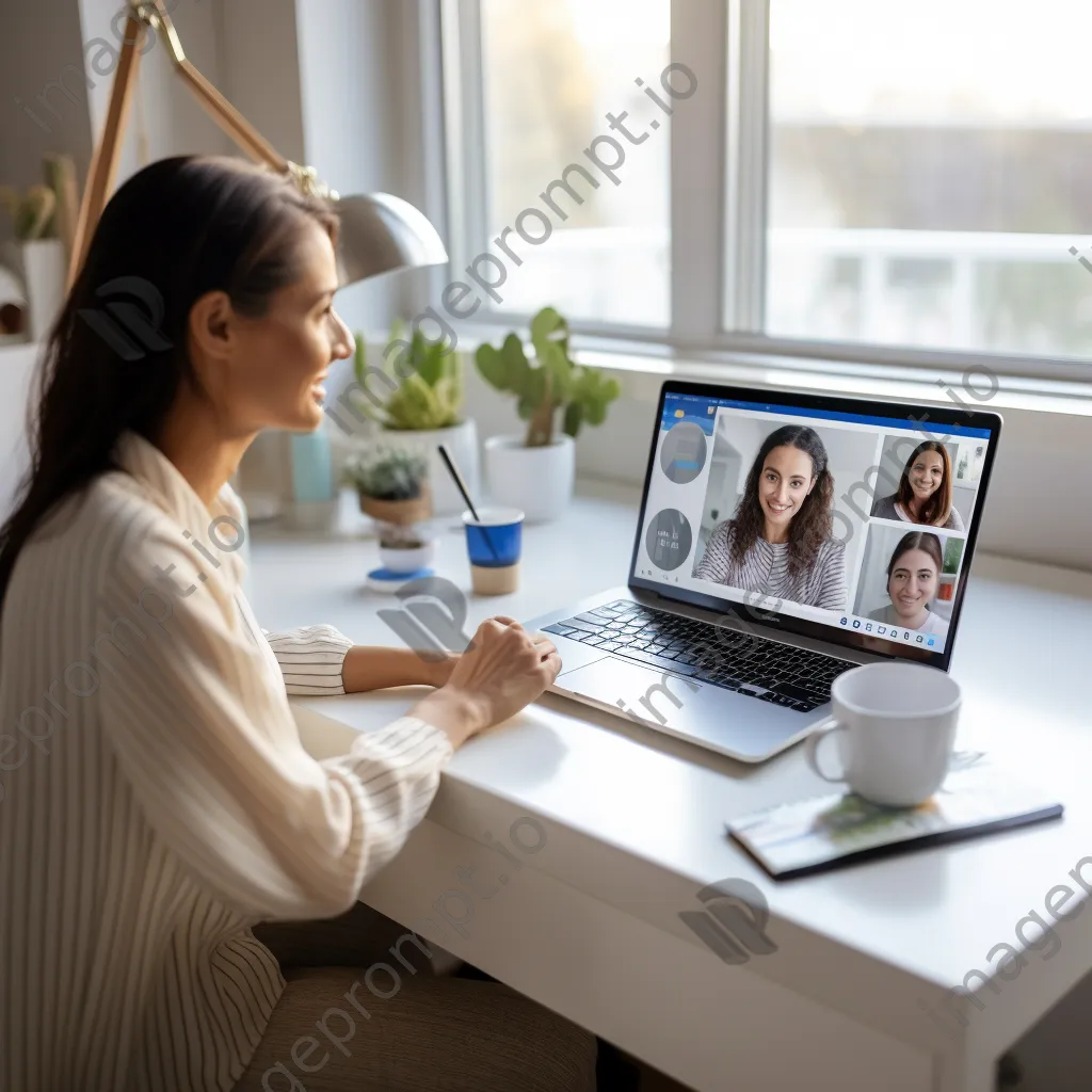 Nurse on a video call with a patient using a laptop in a bright home office. - Image 4