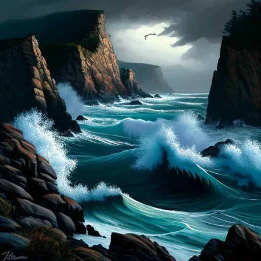 Dramatic coastal scene with powerful waves and rugged cliffs - Image 1