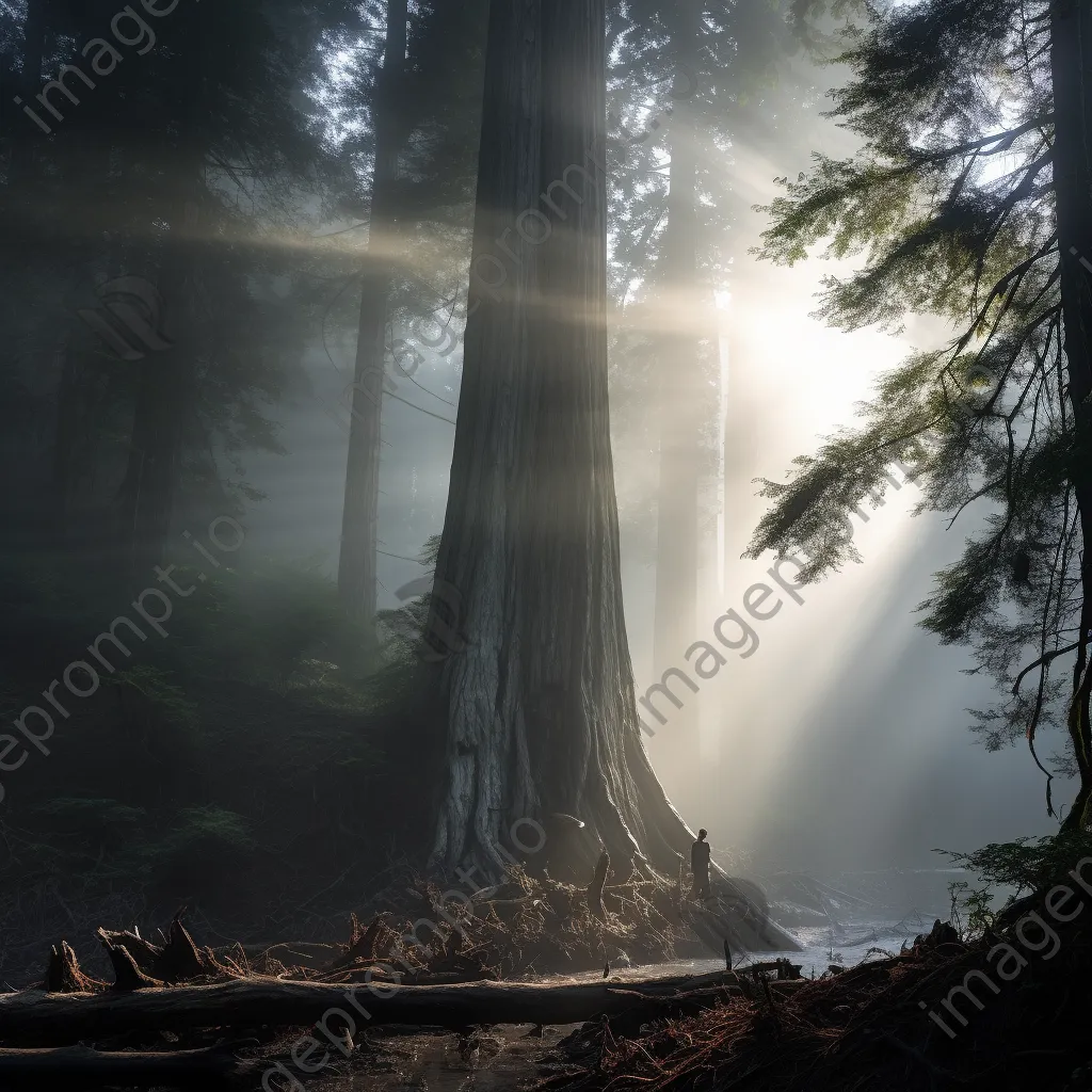 Sacred redwood tree surrounded by mist in coastal forest - Image 1