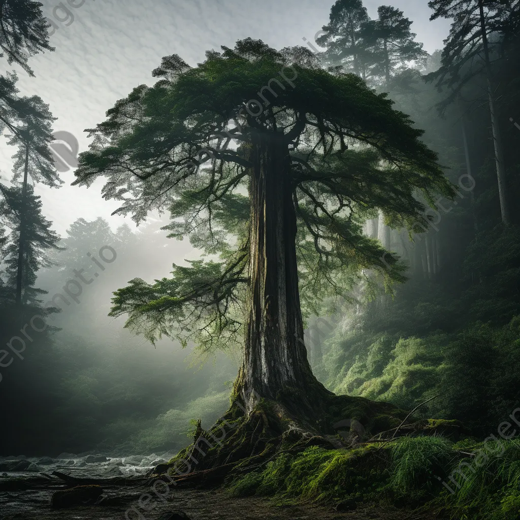 Sacred redwood tree surrounded by mist in coastal forest - Image 2