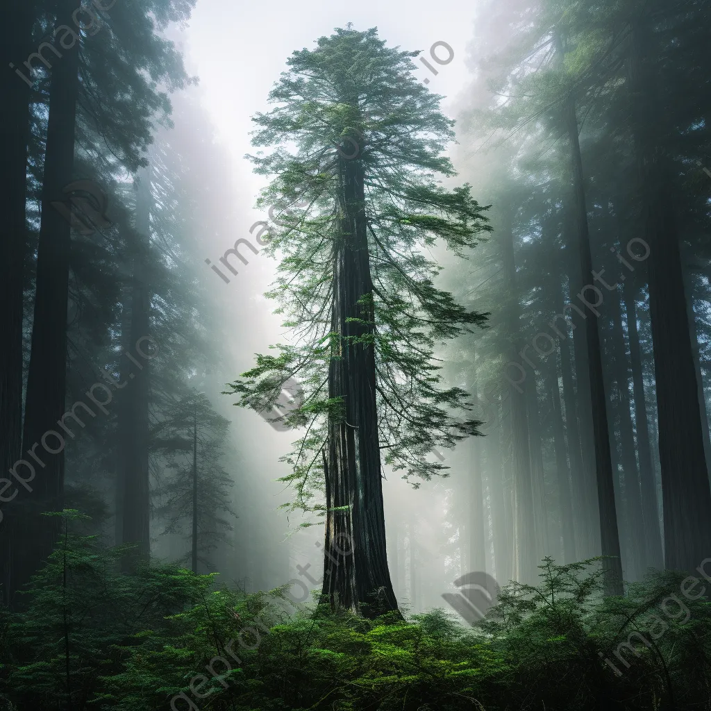 Sacred redwood tree surrounded by mist in coastal forest - Image 3