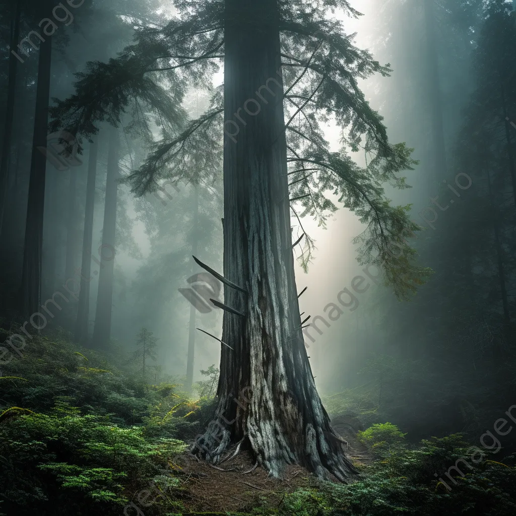 Sacred redwood tree surrounded by mist in coastal forest - Image 4